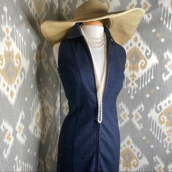 Ralph Lauren Midnight Indigo Wash Cotton Stretch Denim Lamb Leather Sheath Dress - Picture 3 of 15